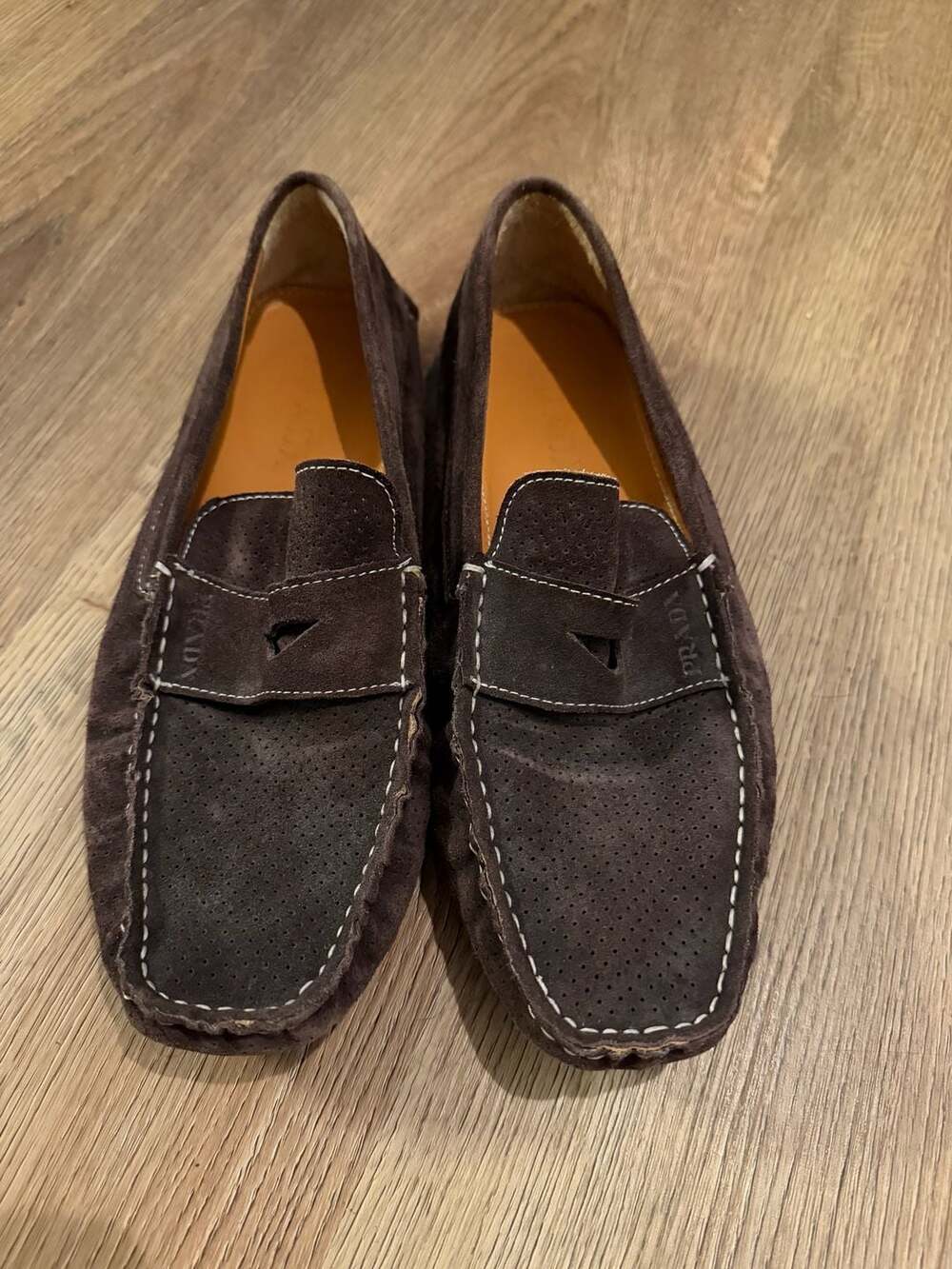 Prada Men's Brown Suede Perforated Penny Loafers Size 45